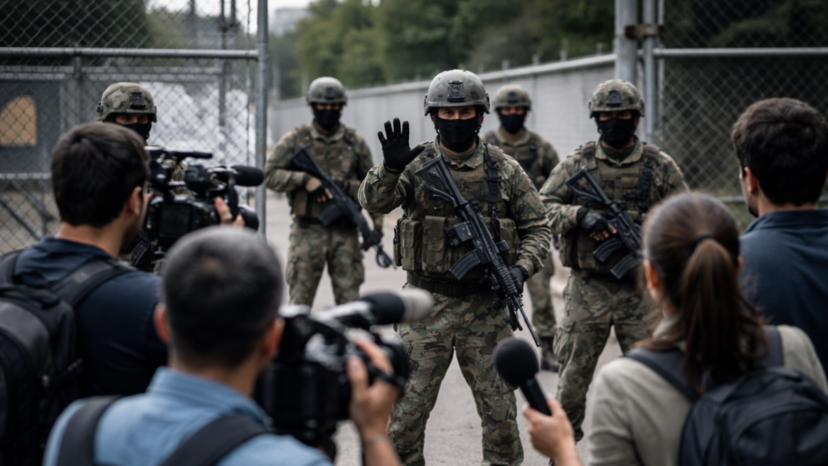 Pie de foto sugerido:  Escena recreada que ilustra la tensión entre fuerzas de seguridad y periodistas por el acceso a coberturas oficiales.