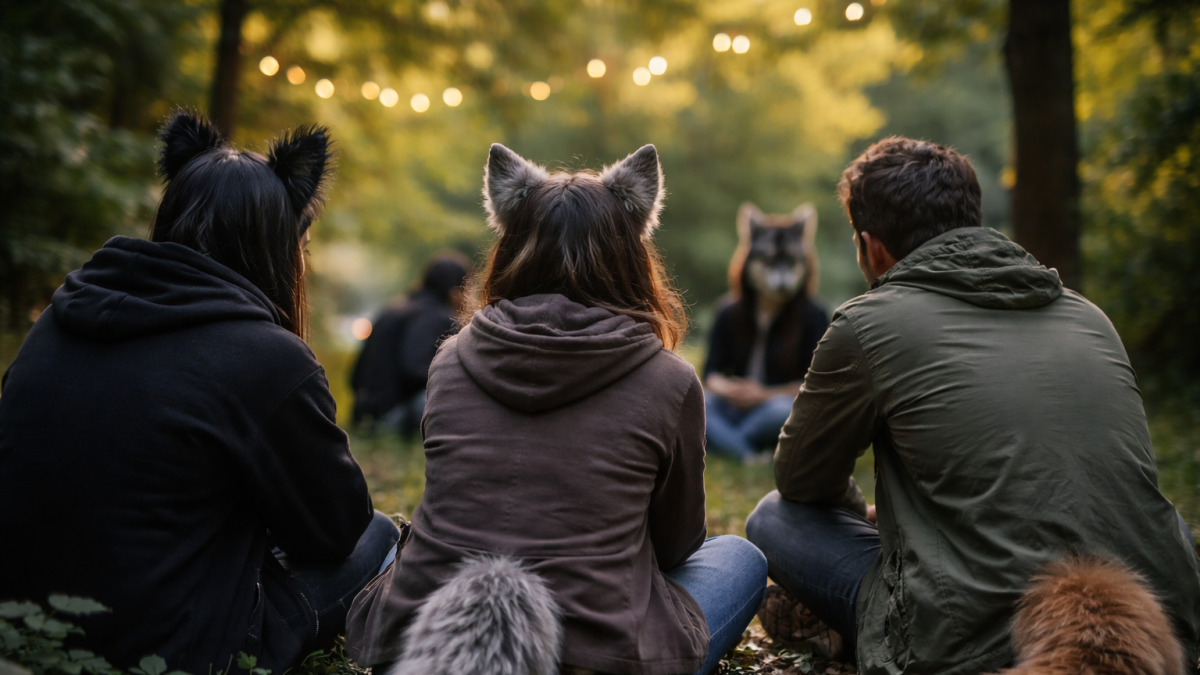 Recreación: jóvenes reunidos al aire libre, de espaldas, comparten un momento de convivencia mientras expresan su identidad con accesorios inspirados en animales.