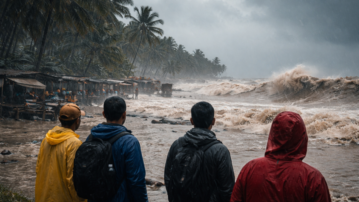 Imagen referencial generada como recreación visual del impacto del fenómeno El Niño Costero en zonas costeras.