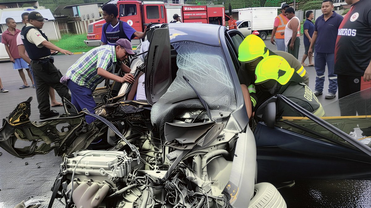 Bomberos y policías trabajan en el rescate tras el violento accidente en Wínchele, donde un automóvil quedó destruido y un adolescente perdió la vida.