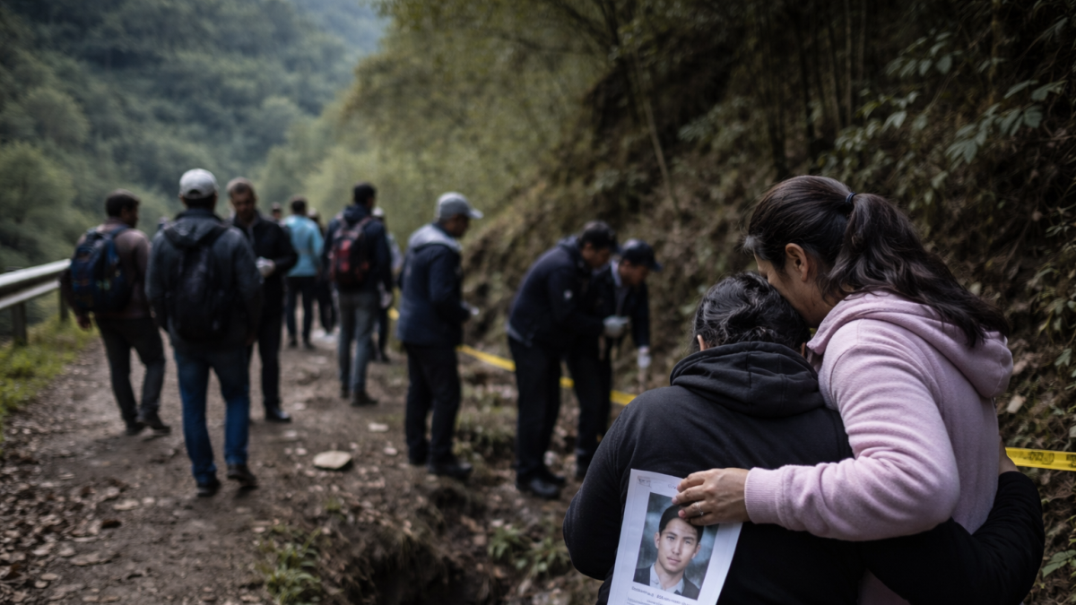 Recreación: familiares y voluntarios participan en una jornada de búsqueda en una zona montañosa, mientras una madre sostiene la fotografía de su hijo desaparecido.
