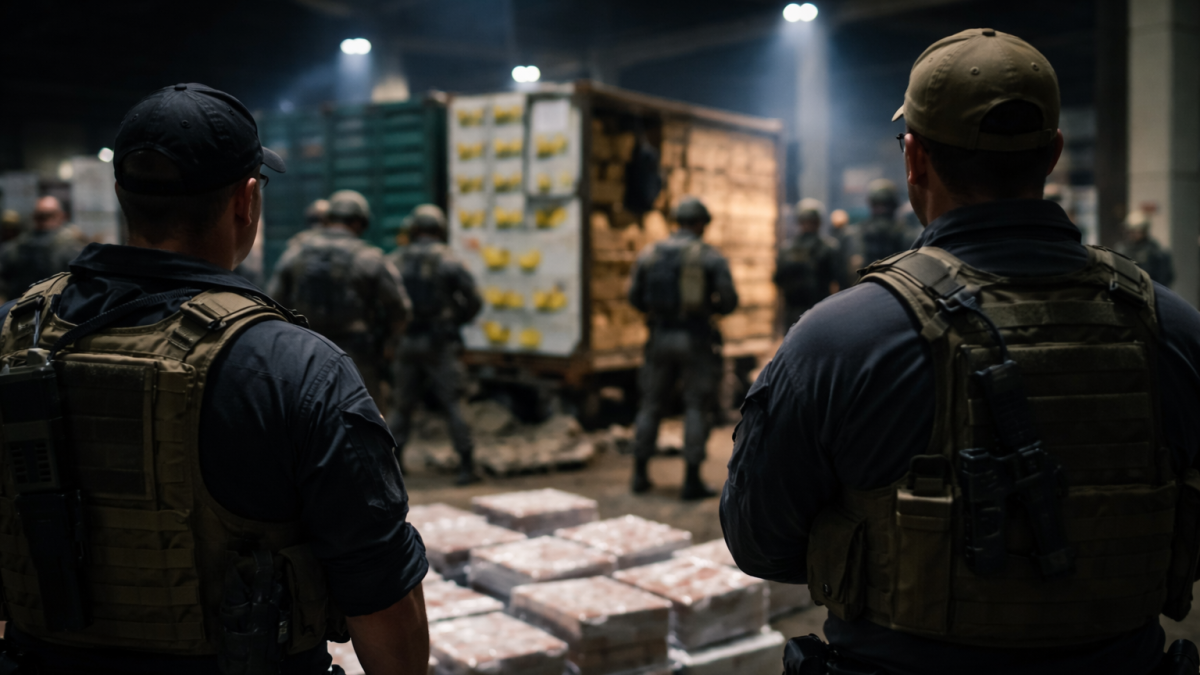 Recreación: agentes observan contenedores intervenidos durante operativo contra red de narcotráfico vinculada a Los Lobos.