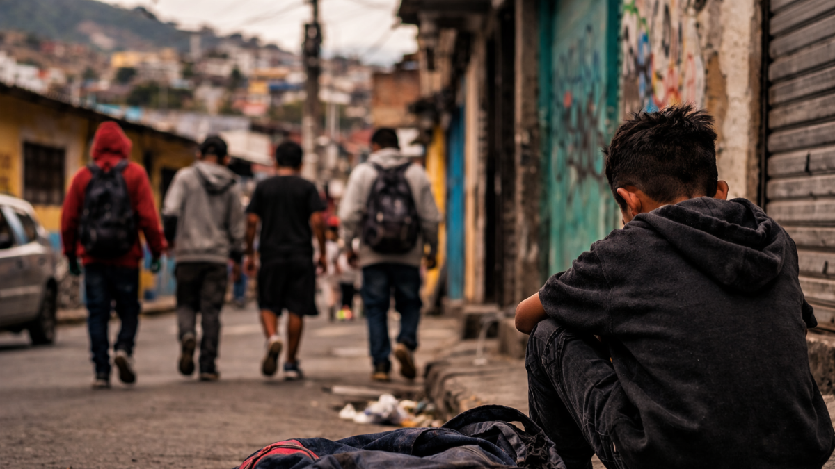 Recreación: niño observa a otros adolescentes en una calle de barrio vulnerable, en una escena que refleja la falta de oportunidades que enfrentan muchos menores.