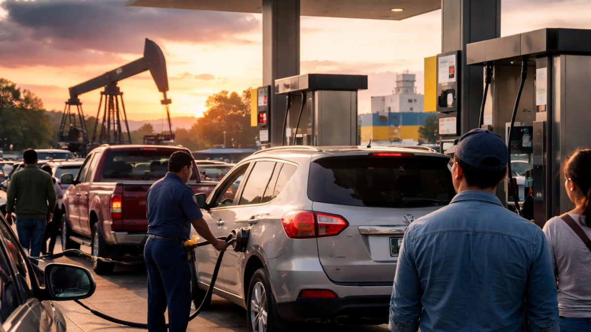 Conductores cargan combustible en una estación de servicio mientras el alza del petróleo presiona los mercados energéticos.