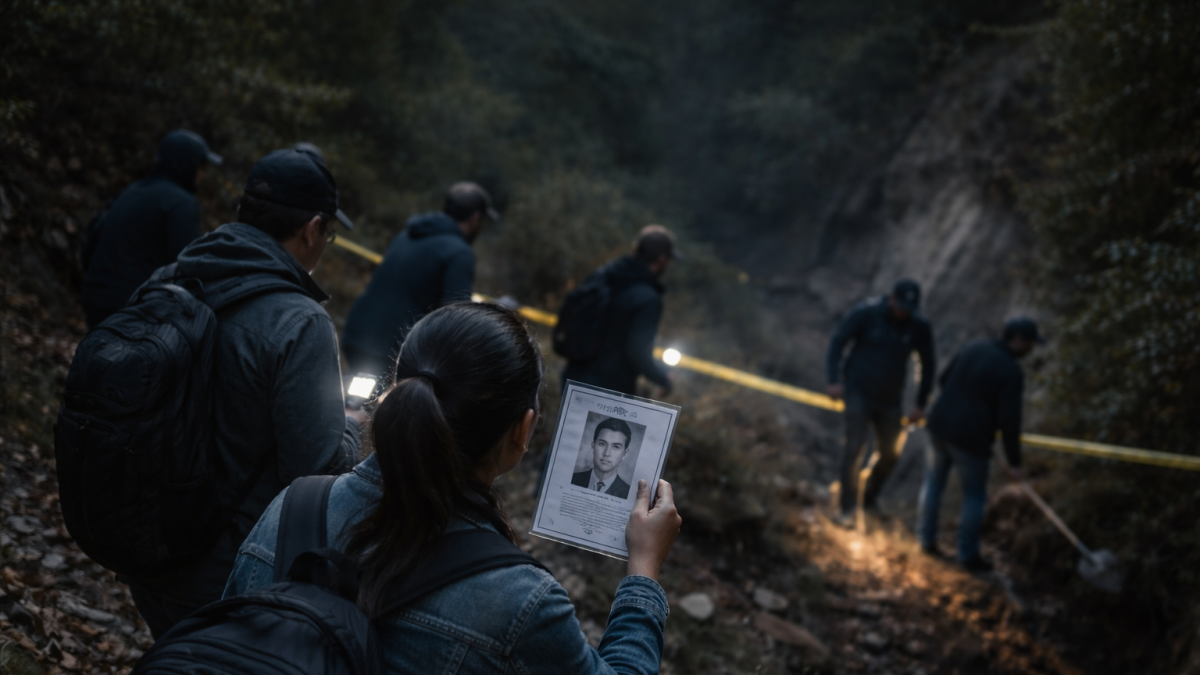 Recreación: familiares recorren un terreno en busca de pistas sobre el paradero de un ser querido desaparecido.