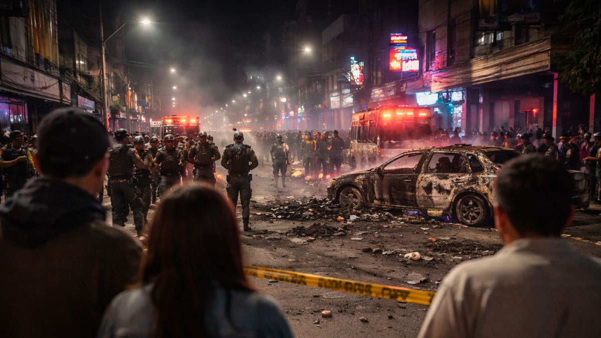 Recreación: escena nocturna tras una explosión en una zona urbana, con daños materiales y presencia de curiosos a distancia.