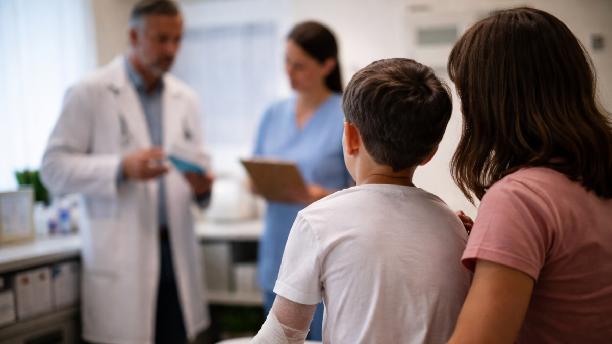 Recreación: madre acompaña a su hijo durante una consulta médica por la enfermedad piel de mariposa.