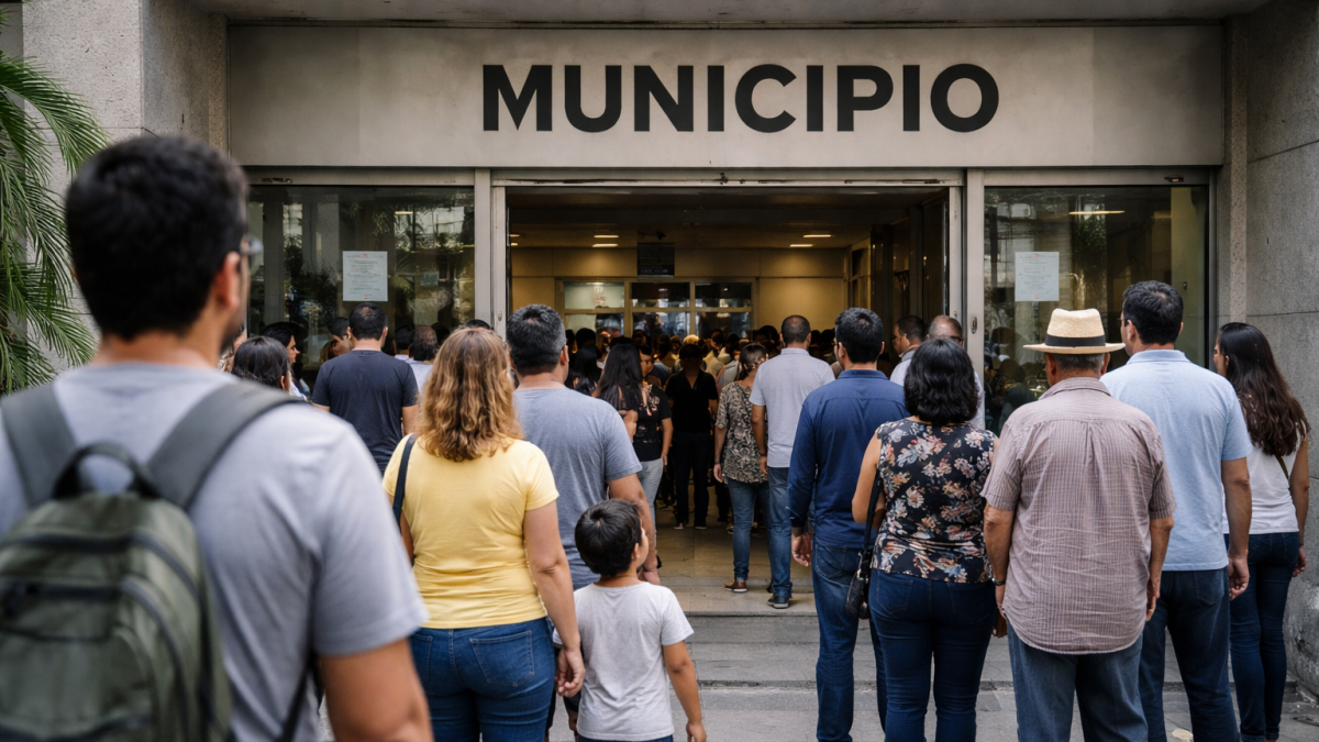 Recreación: ciudadanos acuden a realizar trámites en un edificio municipal.