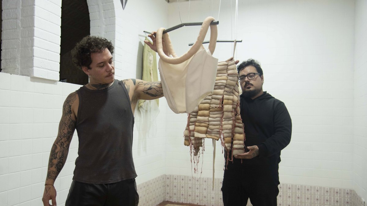 Estas vísceras de tejidos están suspendidas en el aire por un mecanismo de péndulos y alambre.