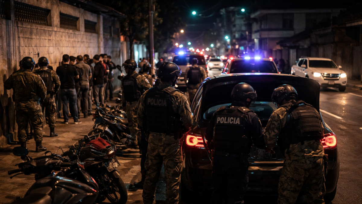Toque de queda en Ecuador: recreación mediante IA de los controles de seguridad nocturnos.