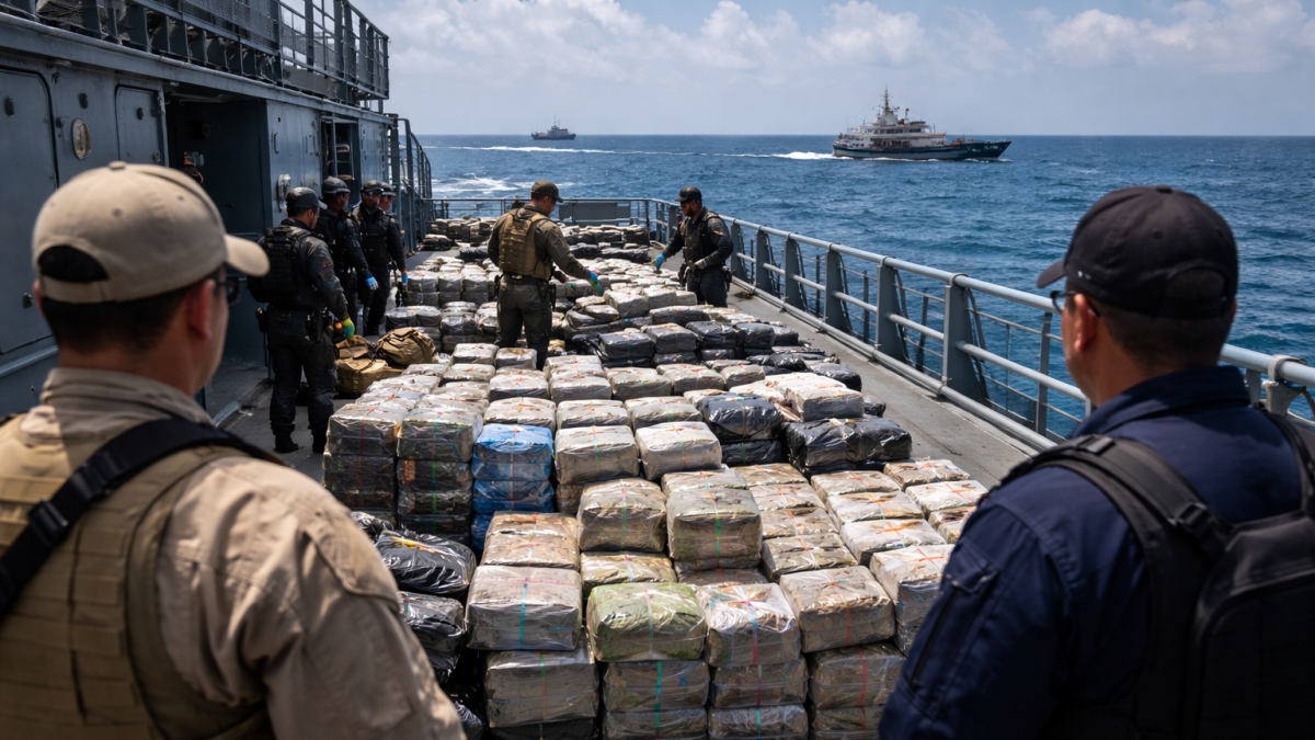 Recreación mediante IA de bultos sospechosos siendo inspeccionados en una embarcación en altamar durante un operativo contra el narcotráfico.