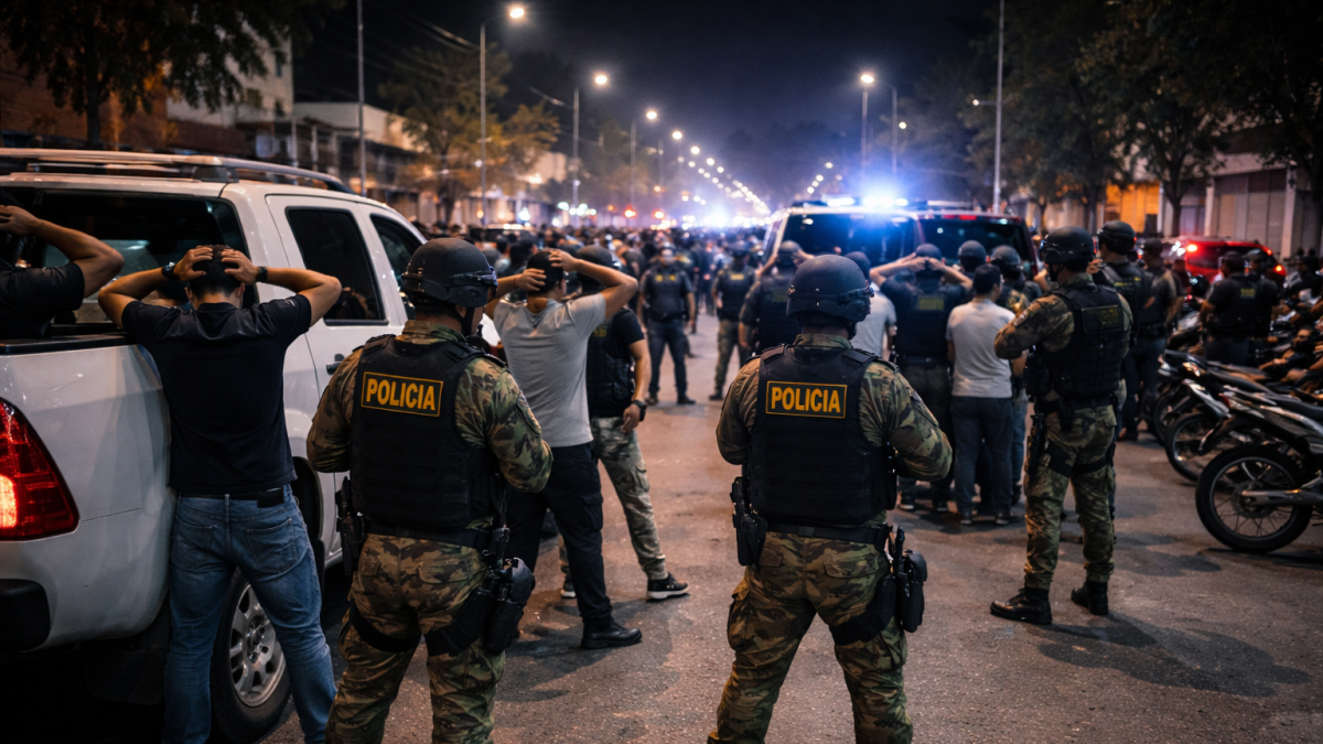 Toque de queda en Ecuador: recreación mediante IA de operativos de fuerzas de seguridad.