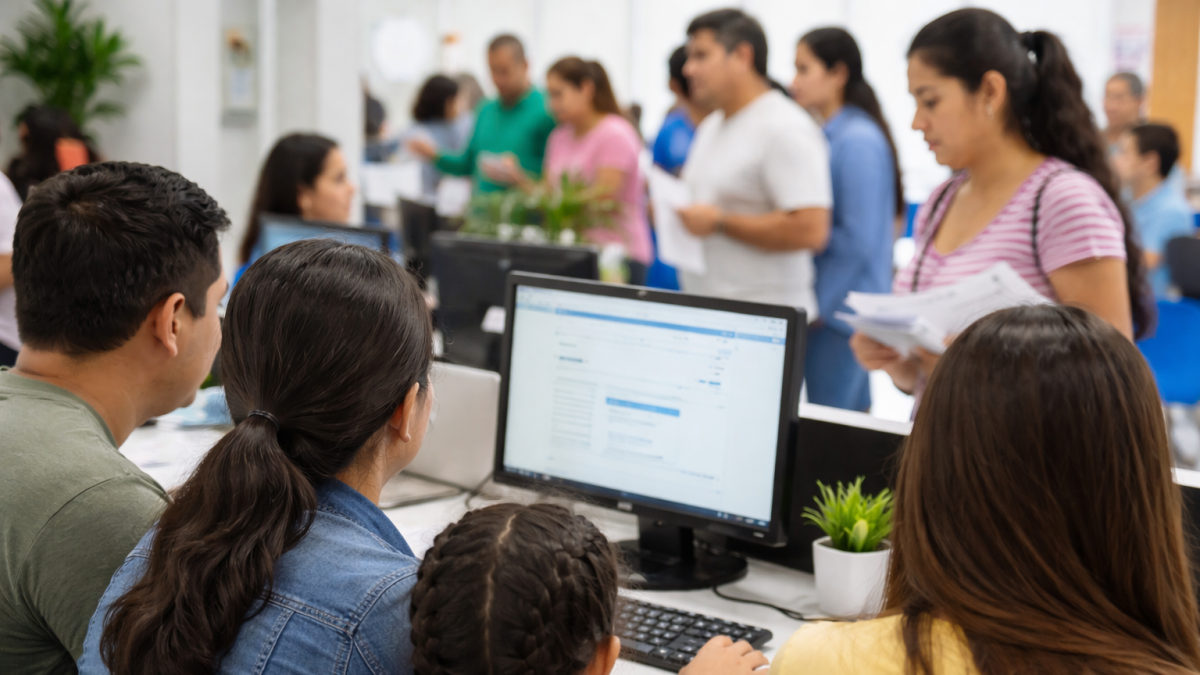 Traslados de fiscal a fiscal en 2026 en Costa: recreación mediante IA de padres que realizan el proceso de traslado estudiantil en línea para el régimen Costa–Galápagos.