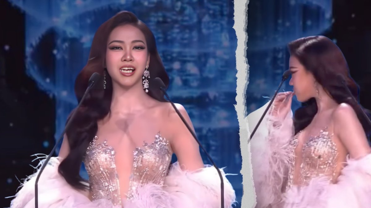 Kamolwan Chanago, candidata a Miss Grand Thailand 2026, acomodándose las carillas.