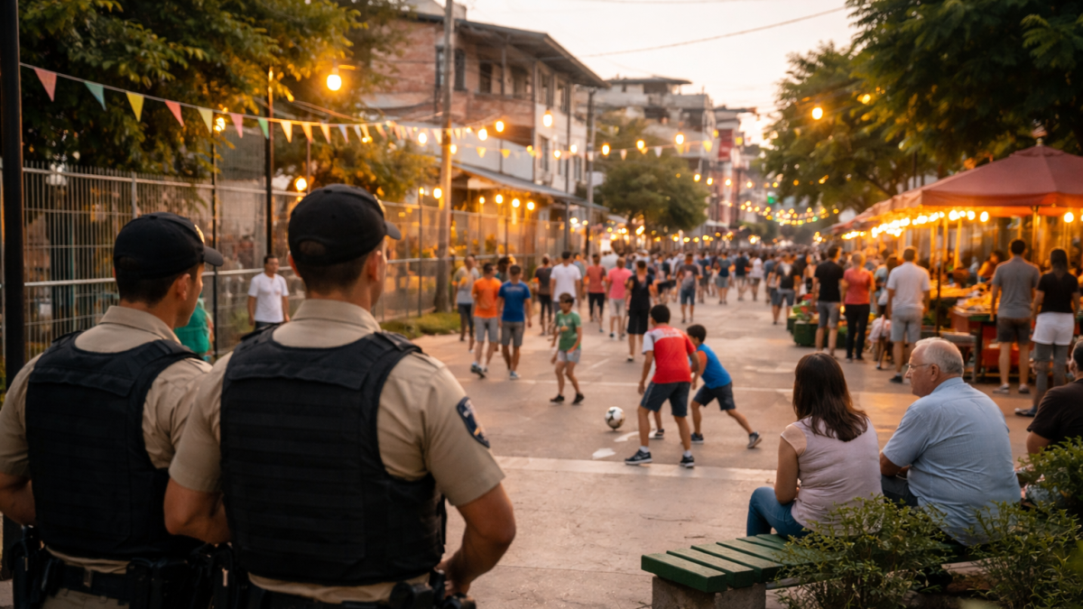Imagen referencial generada con IA que recrea la recuperación de la vida en barrios afectados por la violencia.