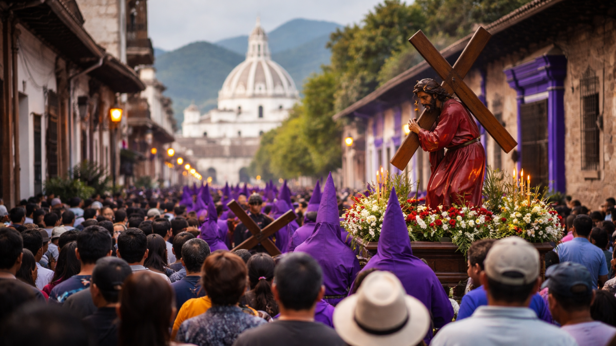 Recreación generada con inteligencia artificial de una procesión de Semana Santa en Ecuador.