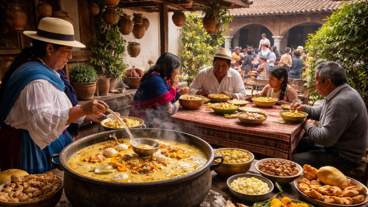 Escena familiar preparando fanesca durante Semana Santa en Ecuador (recreación con IA).