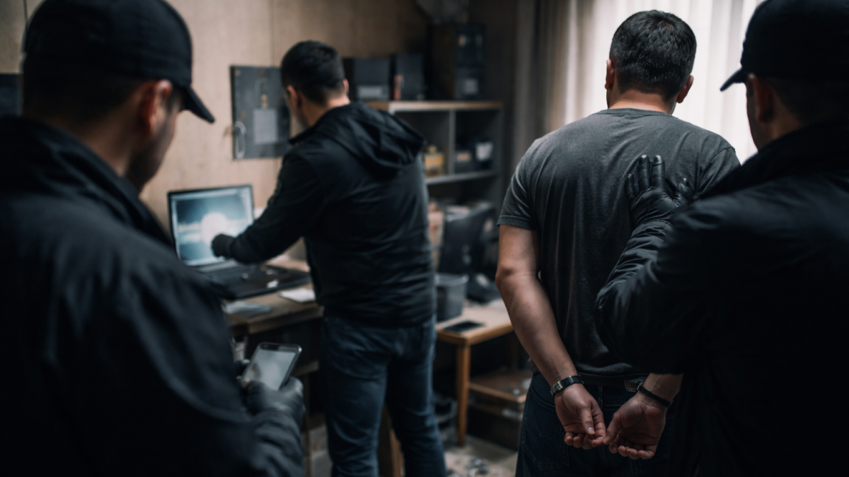 Recreación generada con IA de un operativo e incautación de equipos en una investigación digital.