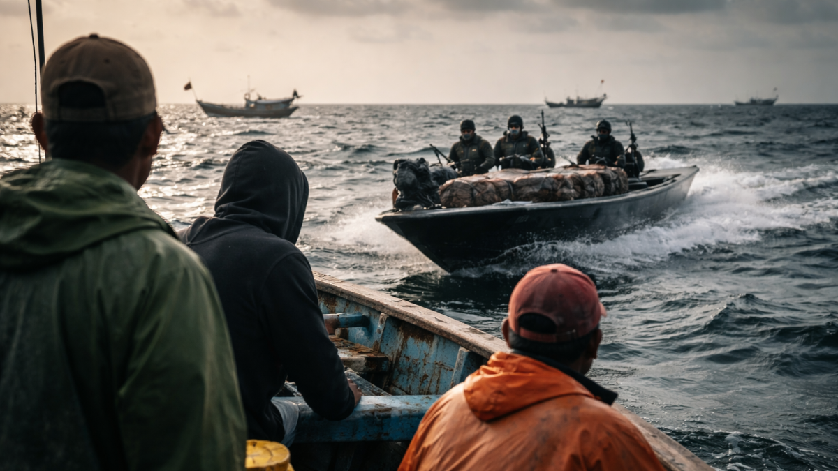 Recreación con inteligencia artificial de pescadores artesanales en altamar frente a riesgos del crimen organizado.