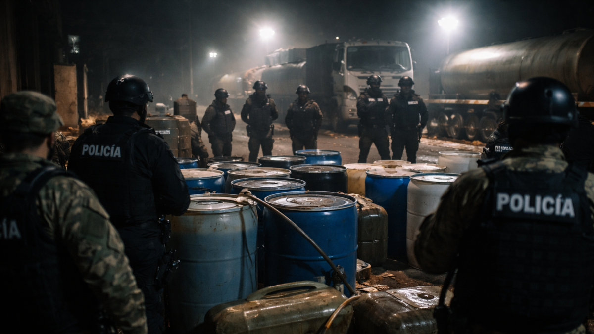 Recreación con IA de operativo contra tráfico de hidrocarburos en Ecuador, con presencia de uniformados y contenedores de combustible.