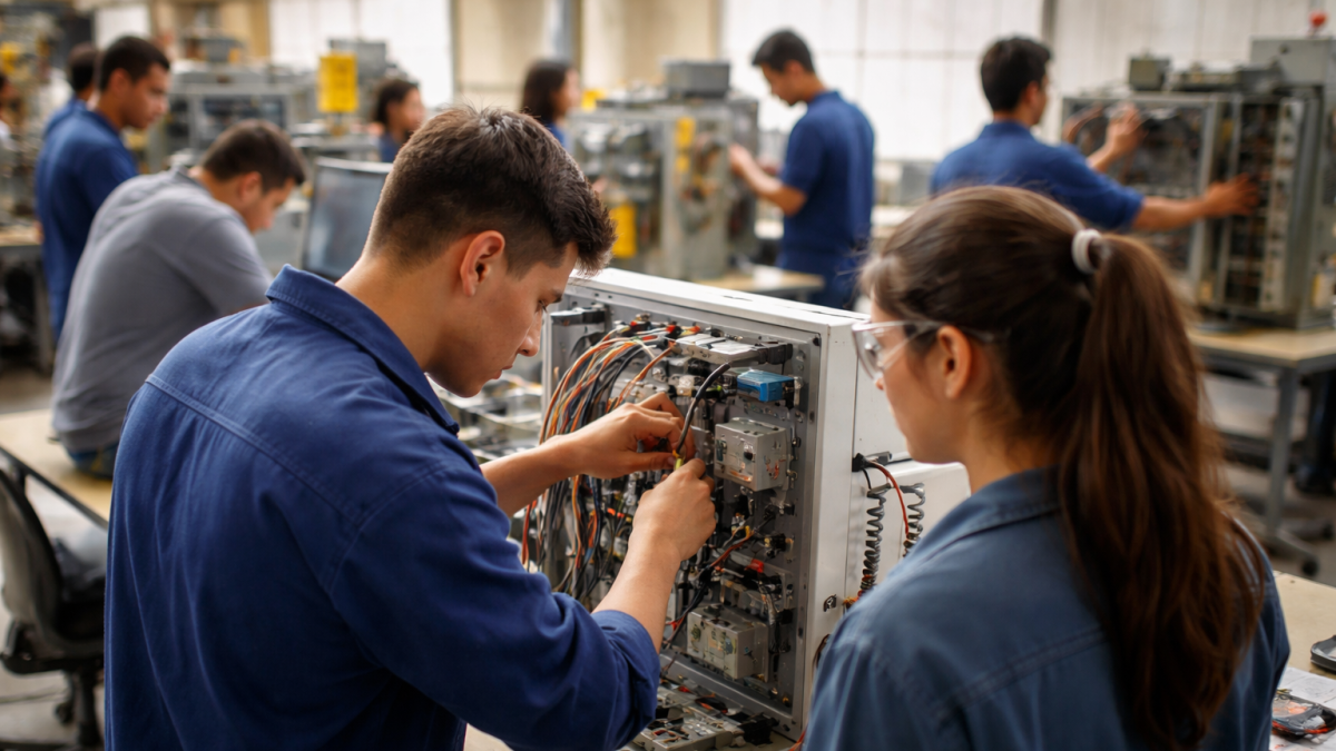 Estudiantes en formación técnica en una imagen referencial generada con IA.