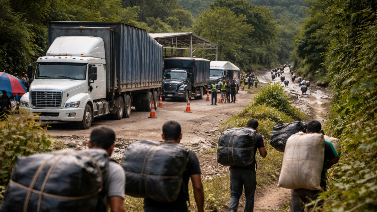 Tensión Ecuador - Colombia: recreación con IA de pasos informales y transporte de mercancías en zona fronteriza.