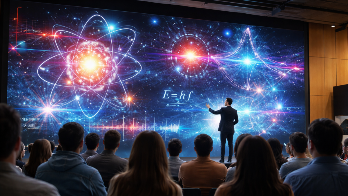 Recreación con IA de una charla sobre física cuántica en un entorno educativo, en el marco del Día Mundial de la Cuántica.