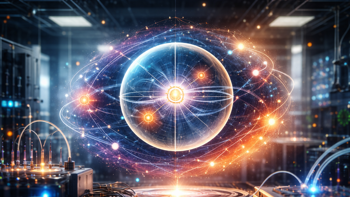 Recreación con IA de un sistema cuántico en laboratorio, representando qubits y superposición, base de la computación cuántica actual.