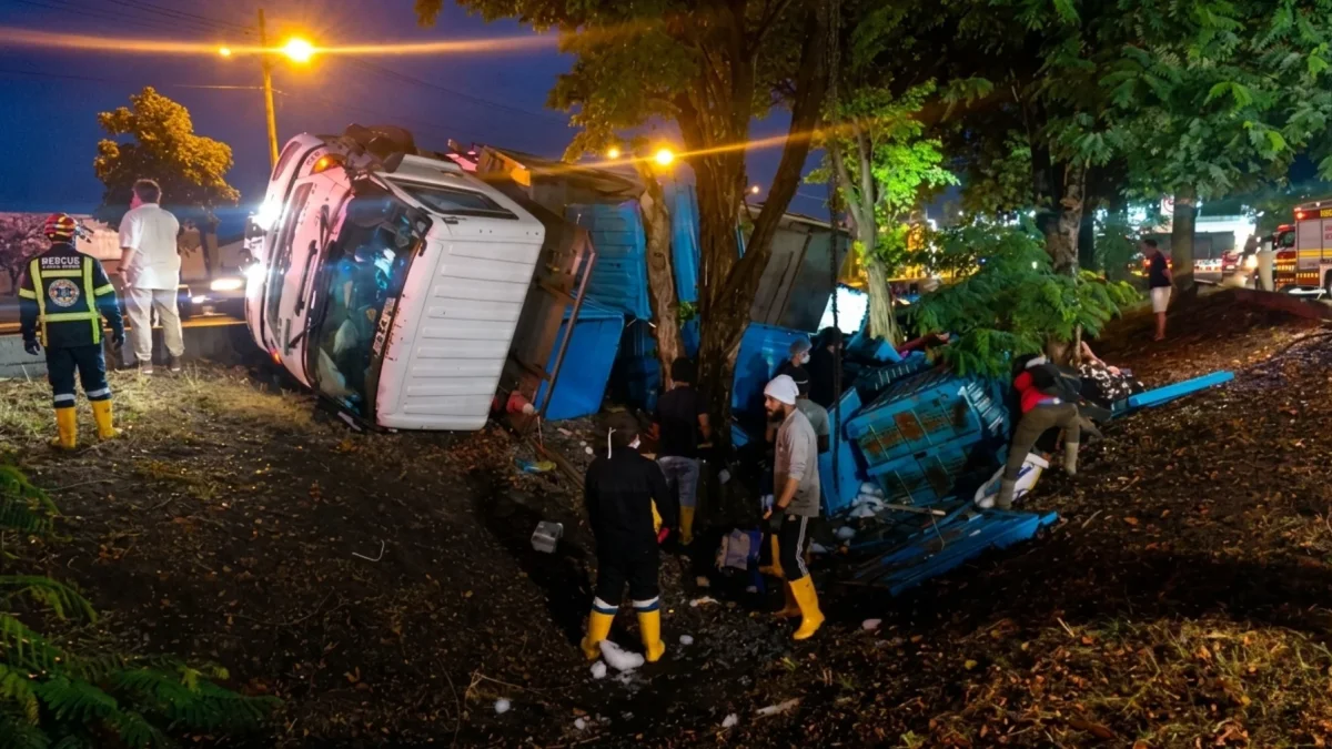 El camión quedó virado en medio del carril central, en una cuneta de aguas lluvias, en horas de la madrugada de ayer.