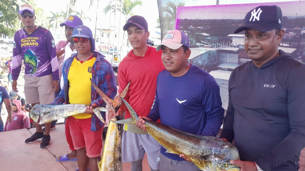 “Participantes del Festival del Dorado 2026 en Muisne muestran orgullosos sus capturas, símbolo de tradición pesquera y riqueza gastronómica del Pacífico.
