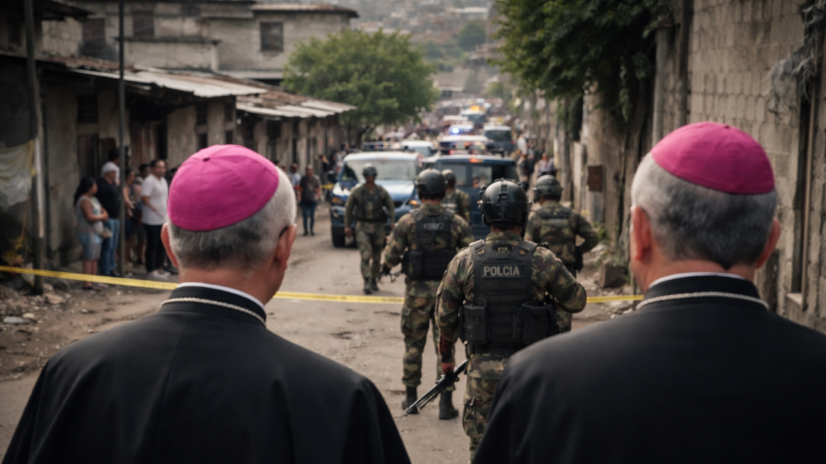 Recreación con IA de escena urbana relacionada con operativos de seguridad y contexto de violencia en Ecuador.
