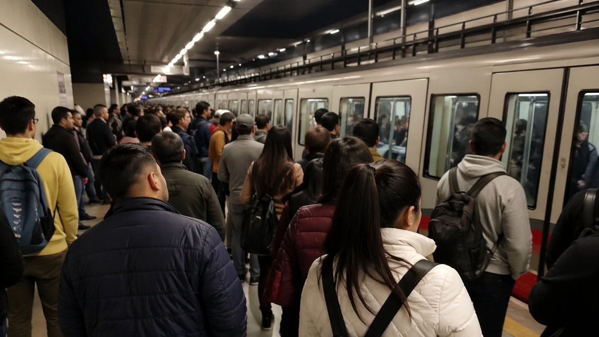 Escena recreada con inteligencia artificial que ilustra la congestión de usuarios en un sistema de metro ante una paralización del servicio.