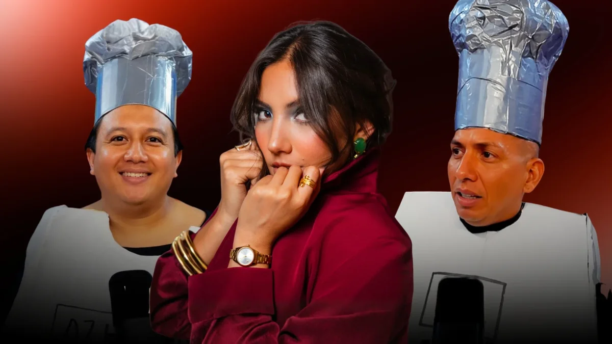 Gigi Mieles con los integrantes del pódcast El Pabellón