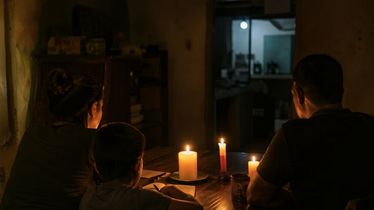 Recreación mediante IA de ciudadanos que han tenido que cenar a ciegas por los repetinos cortes de luz en Ecuador.