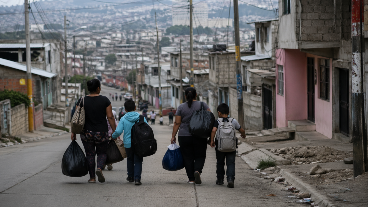Familias dejan sus barrios por la violencia criminal: una recreación mediante IA.