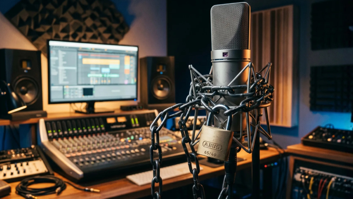 Ilustración de una disquera con problemas legales.