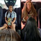 A Nayeli Ulluguari e Ivanna Macías de Dragonas Independiente del Valle cuando hicieron el juramento desde el bus, mientras viajaban a Ambarto.