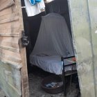 Unos vecinos le prestaron la cama para que pueda descansar en compañía de sus gatos.