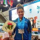  Angie Palacios logró el podio junto a las competidoras de China y de Turquía. 