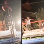 Momentos en que el luchador aficionado se rompe las piernas.