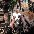 El criador Jorge Alvarado posa rodeado de perros de la raza Xoloitzcuintle, en el criadero Xolos Tarango, el 12 de octubre de 2021, en la Ciudad de México (México).