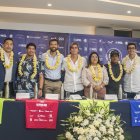 Carlos Morán (Coordinador Ministerio de Deporte), Jonathan Zambrano "El Gato Chila" (Seleccionado de Ecuador), Sebastián Palacios (Ministro de Deportes), Bernardo Arosemena (Presidente Federación Ecuatoriana de Surf), Johana Buenaño (Vicealcaldesa de San Cristóbal), Juan Pablo Yánez (Deportista Galápagos), Andrés Guschmer (Concejal de Guayaquil), participaron del evento de presentación.