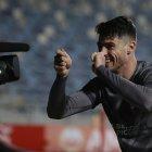 Facundo Rodríguez de Liga de Quito celebra tras anotar contra Magallanes, durante un partido por el grupo A de la Copa Sudamericana, en el Estadio El Teniente en Rancagua (Chile).