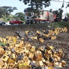 Varias jabas cayeron de un vehículo en la vía a Daule este sábado 17 de junio.