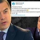 El prófugo de la justicia Rafael Correa reacciona a la imitación que realizó Noboa de su no tan bue inglés.