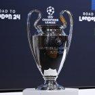 This photograph taken on December 18, 2023, shows the UEFA Champions League cup ahead of the 2023-2024 UEFA Champions League football tournament round of 16 draw at the House of European Football in Nyon. (Photo by Fabrice COFFRINI / AFP)