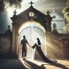 Ilustración de la monja dejando atrás el convento.