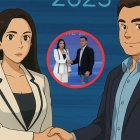 Ilustración Ghibli del saludo entre Luisa González y Daniel Noboa en el debate presidencial 2025.