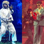 Bad Bunny sonríe mientras guarda en el bolsillo un panty rojo lanzado por una fan durante su concierto en el Choliseo, parte de su residencia en Puerto Rico.