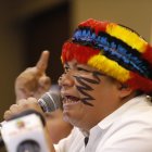 Marlos Vargas, dirigente de la Conaie, durante una rueda de prensa en la que explicó los siguientes pasos del paro nacional 2025.